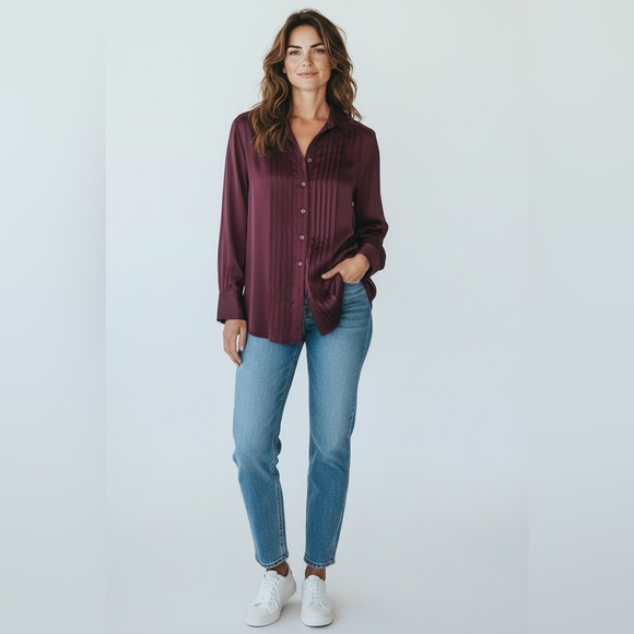 Anthropologie Tops - Anthropologie Women Burgundy Tuxedo Pleat Button Front Blouse Top | Size S